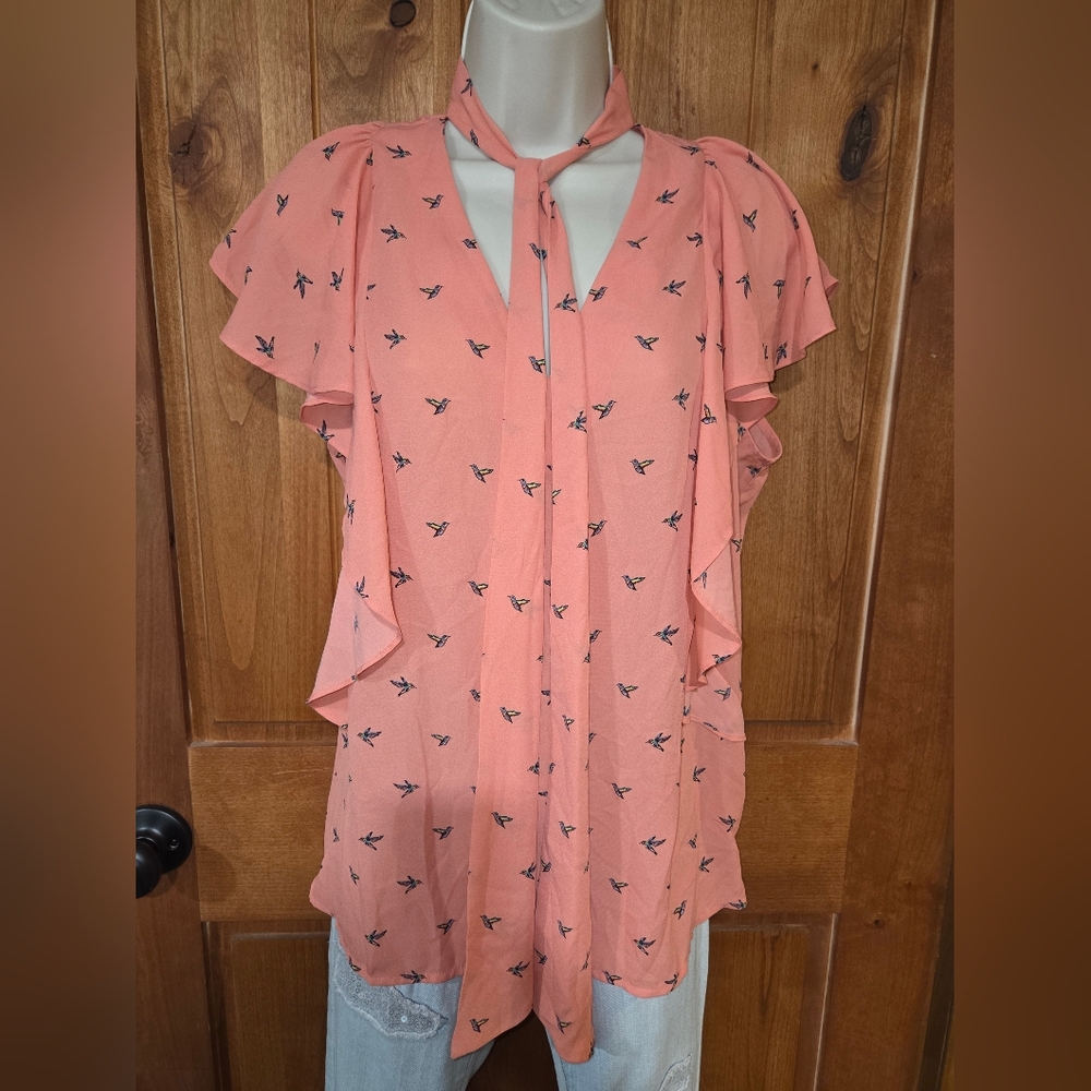 Worthington Peach Hummingbird Print Blouse